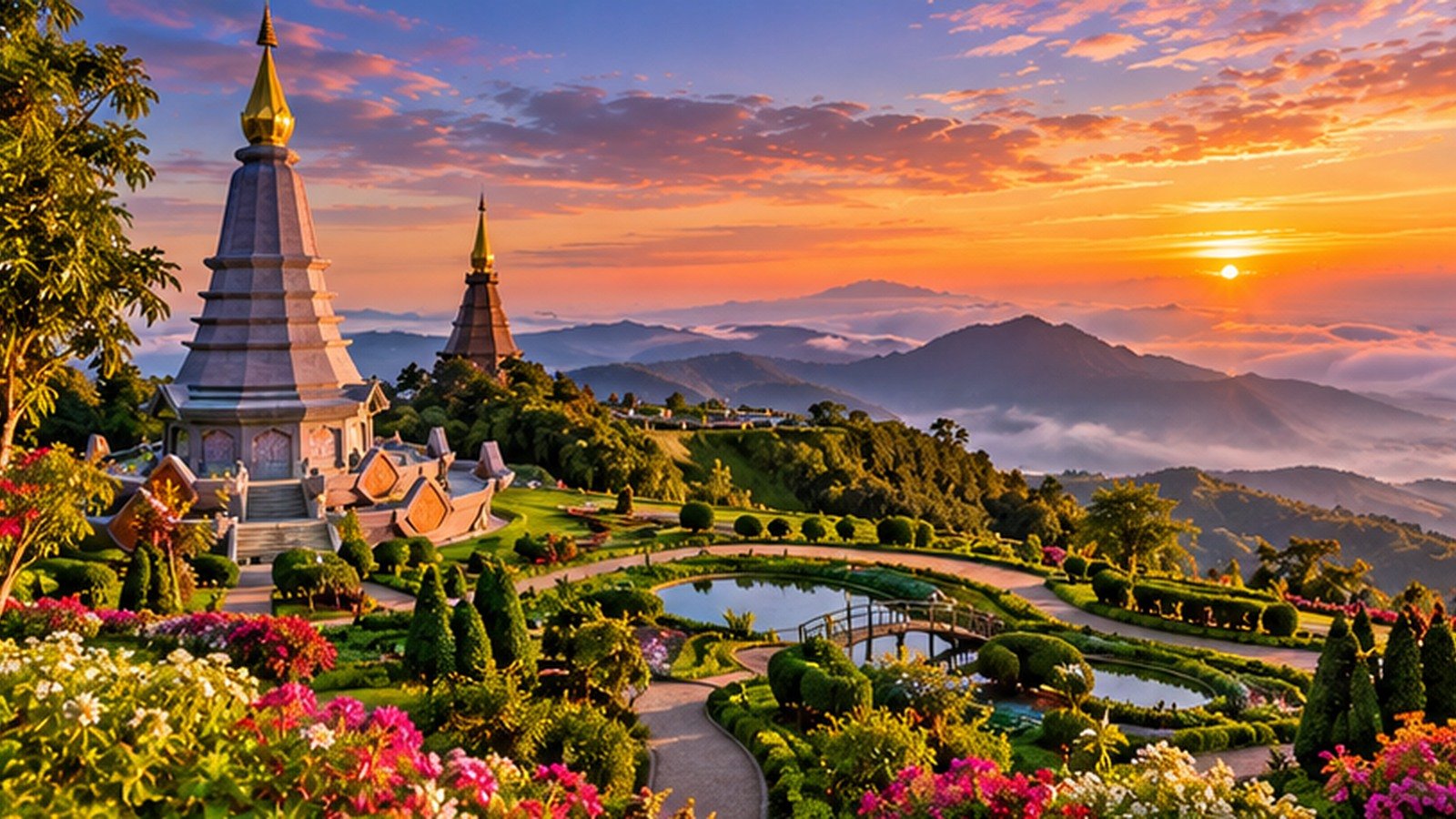 Original illustration of northern Thai mountain pagodas and gardens at sunrise