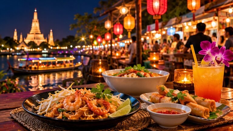 Original illustration of Thai dishes beside a warmly lit Bangkok-inspired riverfront