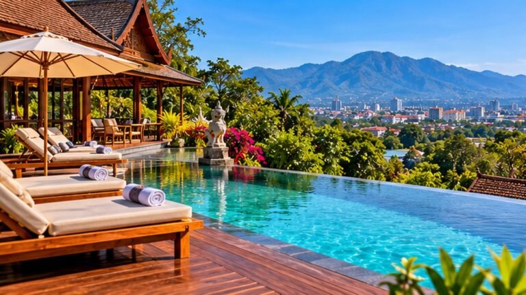 Original illustration of a northern Thai hotel pool with a distant mountain and city view