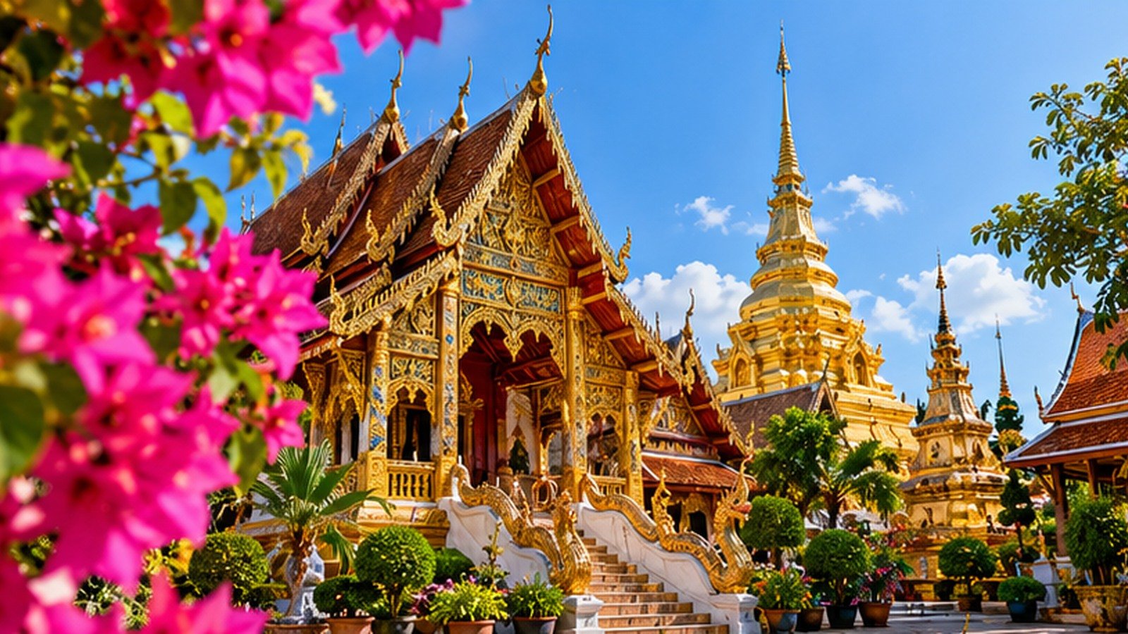 Original illustration of a golden Lanna-style temple and flowering plants