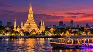 Original illustration of a Bangkok-inspired illuminated riverside temple and dinner boat at dusk
