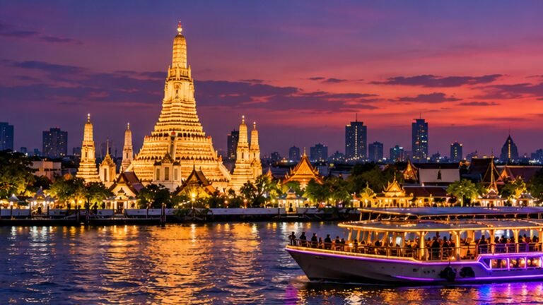 Original illustration of a Bangkok-inspired illuminated riverside temple and dinner boat at dusk