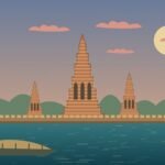 Original illustration of an Ayutthaya-inspired riverside temple at sunset