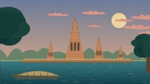Original illustration of an Ayutthaya-inspired riverside temple at sunset