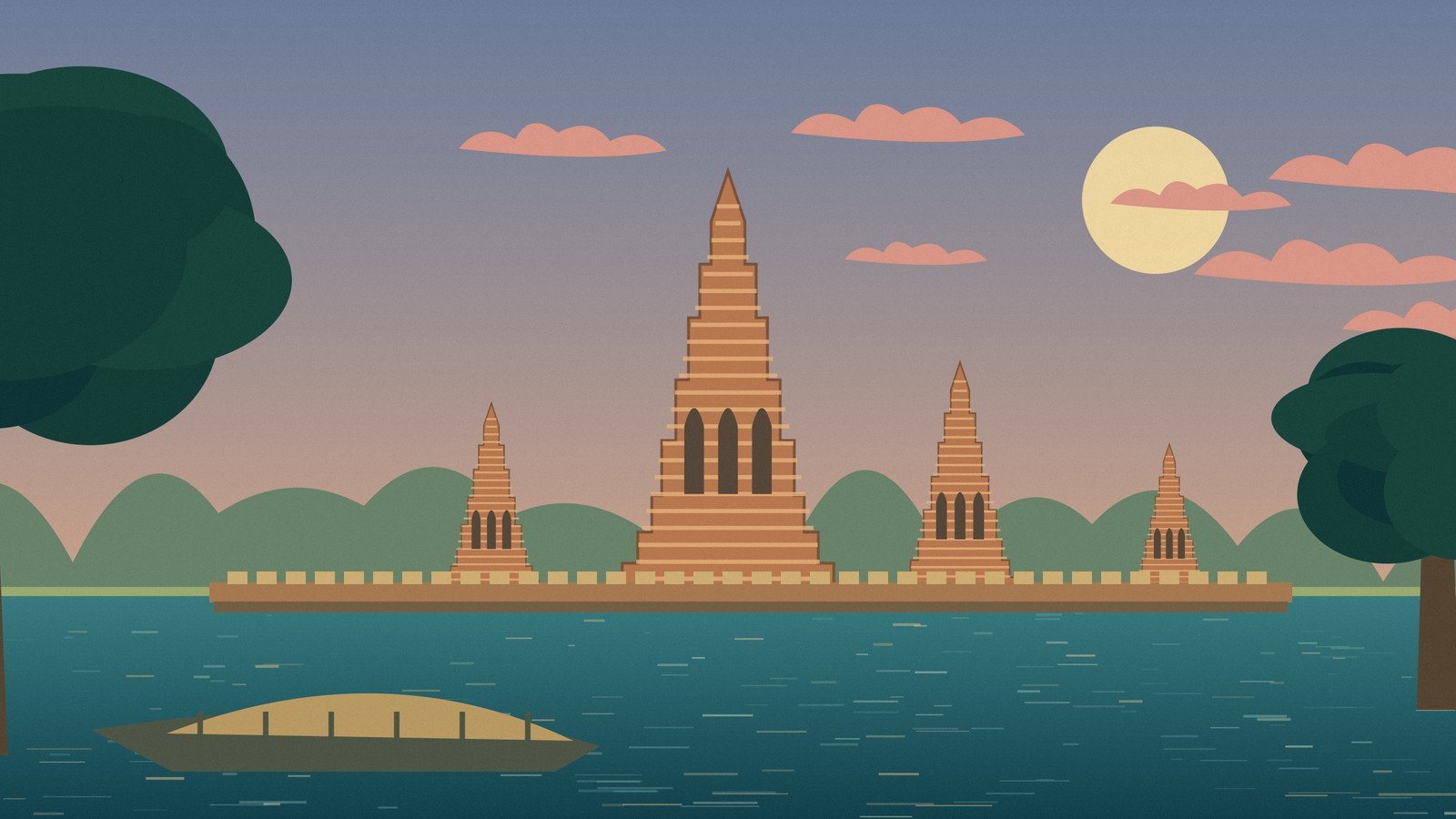 Original illustration of an Ayutthaya-inspired riverside temple at sunset