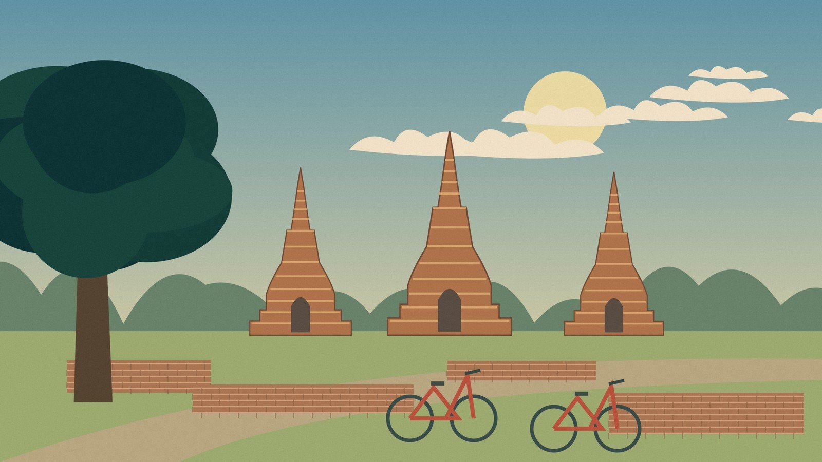 Original illustration of bicycles beside Ayutthaya-inspired ruins in a shaded landscape