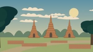 Original illustration of Ayutthaya-inspired chedis, brick ruins and green archaeological grounds