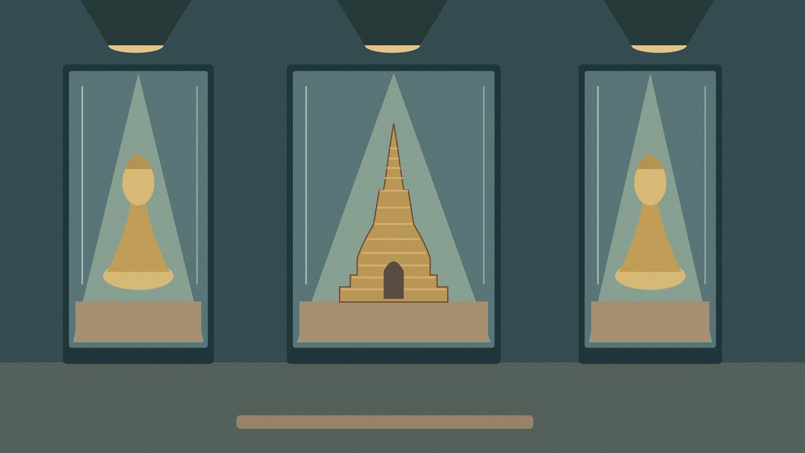 Original illustration of a museum gallery displaying Thai-inspired historical objects