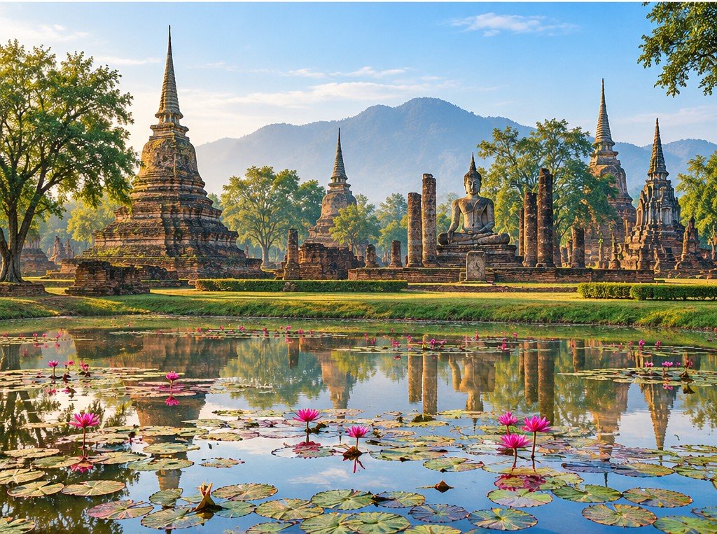 Illustration inspired by Sukhothai monuments and a lotus pond