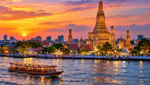 Original Bangkok-inspired illustration of temple spires, boats and the river at sunset.