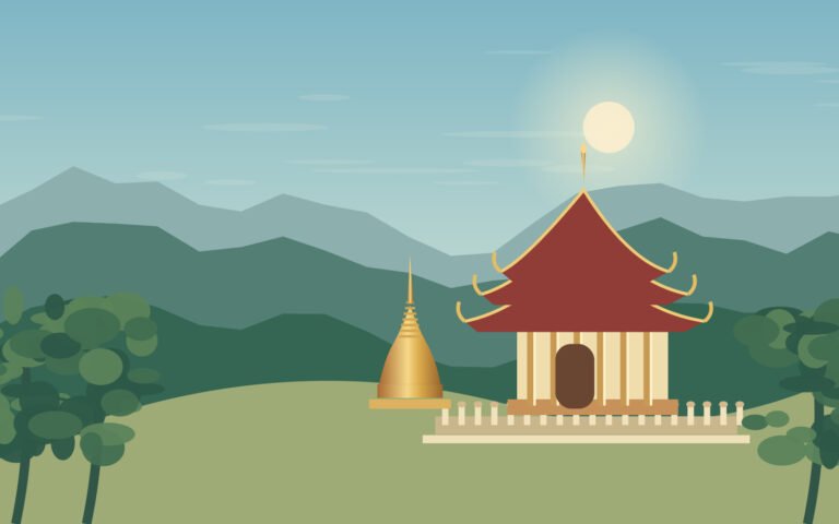 Original Chiang Mai-inspired illustration of a golden temple against green northern hills