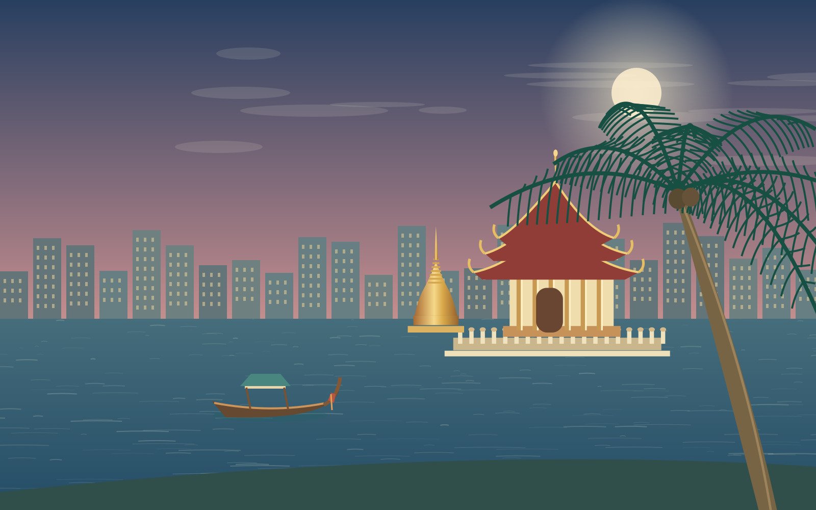 Original Bangkok-inspired illustration of riverside temple roofs and evening reflections