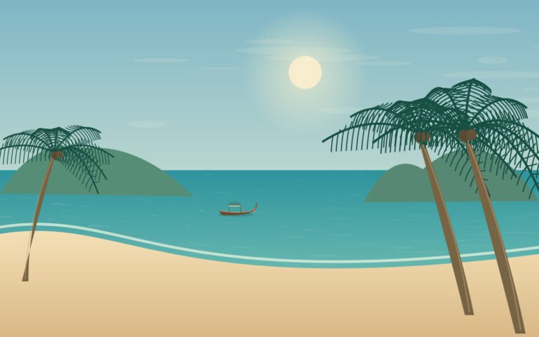 Original Koh Samui-inspired illustration of a palm-fringed bay with rounded green hills
