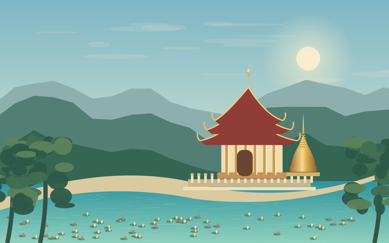 Original Chiang Mai-inspired illustration of a temple garden and northern mountain backdrop