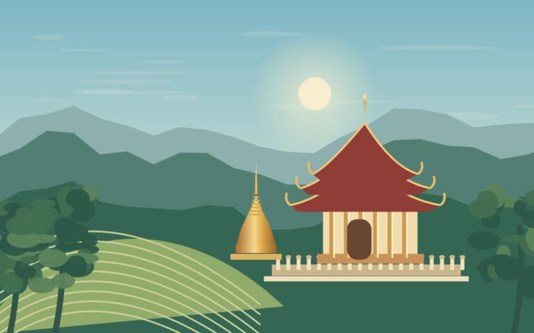 Original northern Thailand-inspired illustration of temple roofs above a green valley