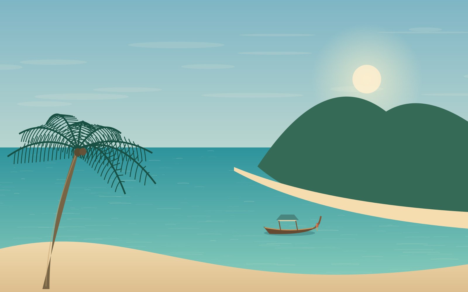 Original Phuket-inspired coastal illustration with a curved beach and forested headland