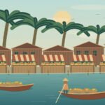 Original illustration of canal-market stalls, wooden boats and palm trees