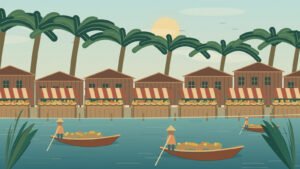 Original illustration of canal-market stalls, wooden boats and palm trees