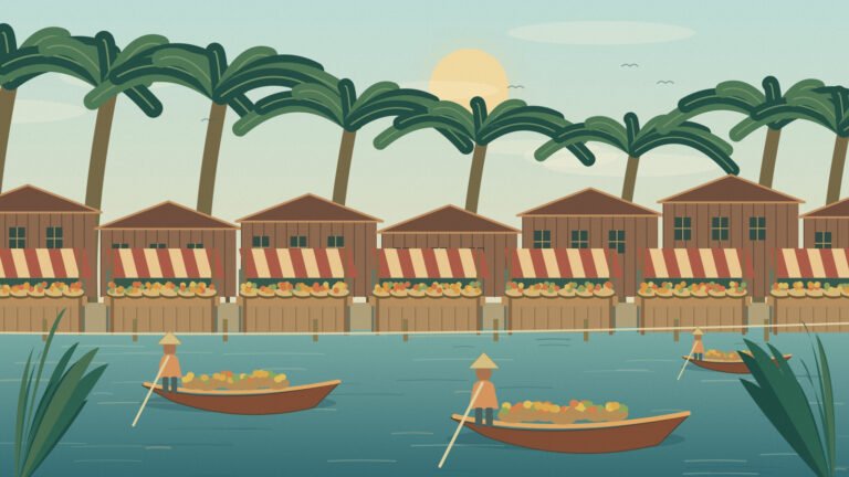 Original illustration of canal-market stalls, wooden boats and palm trees