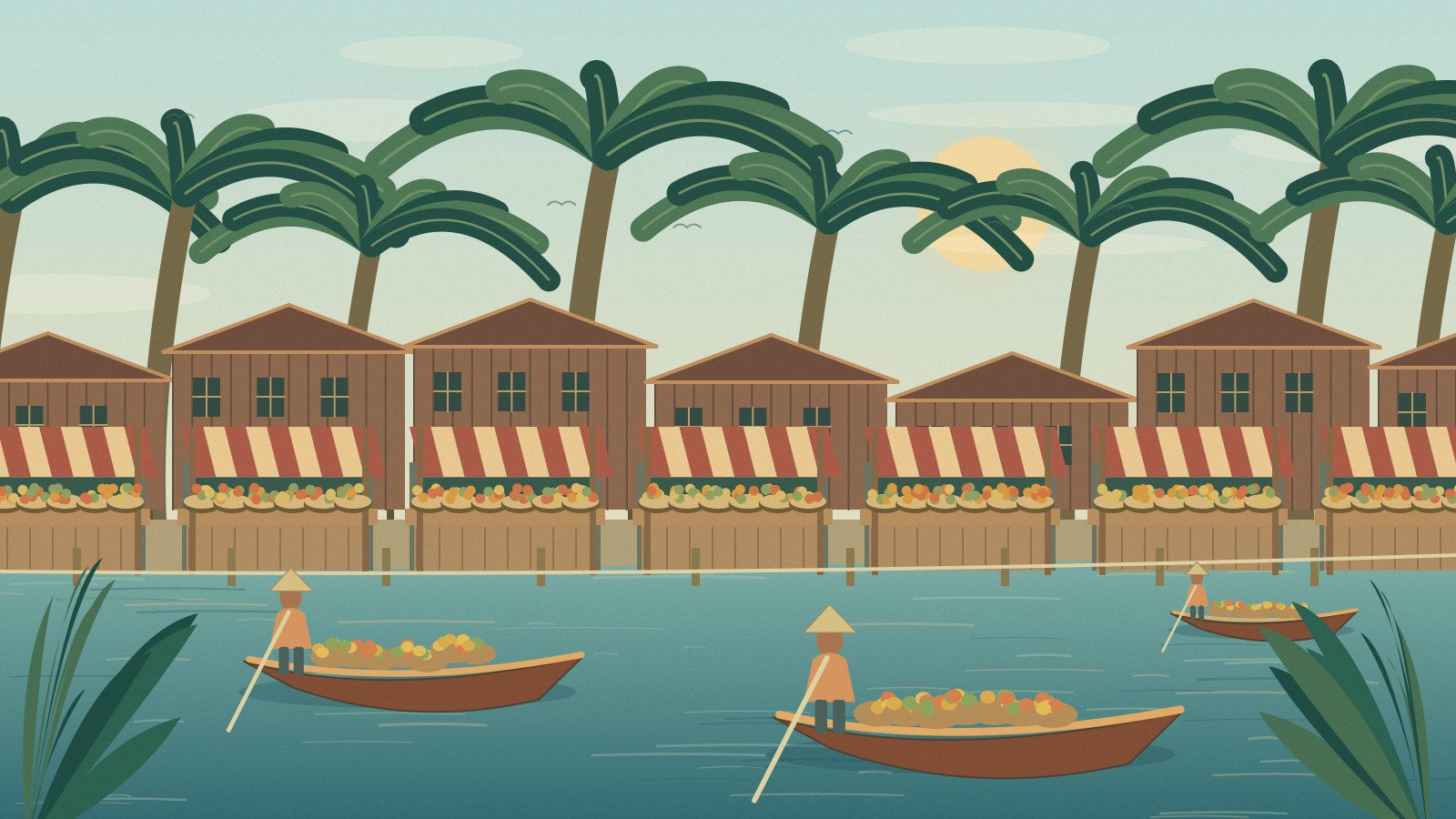 Illustrated canalside food market with optional visitor boats