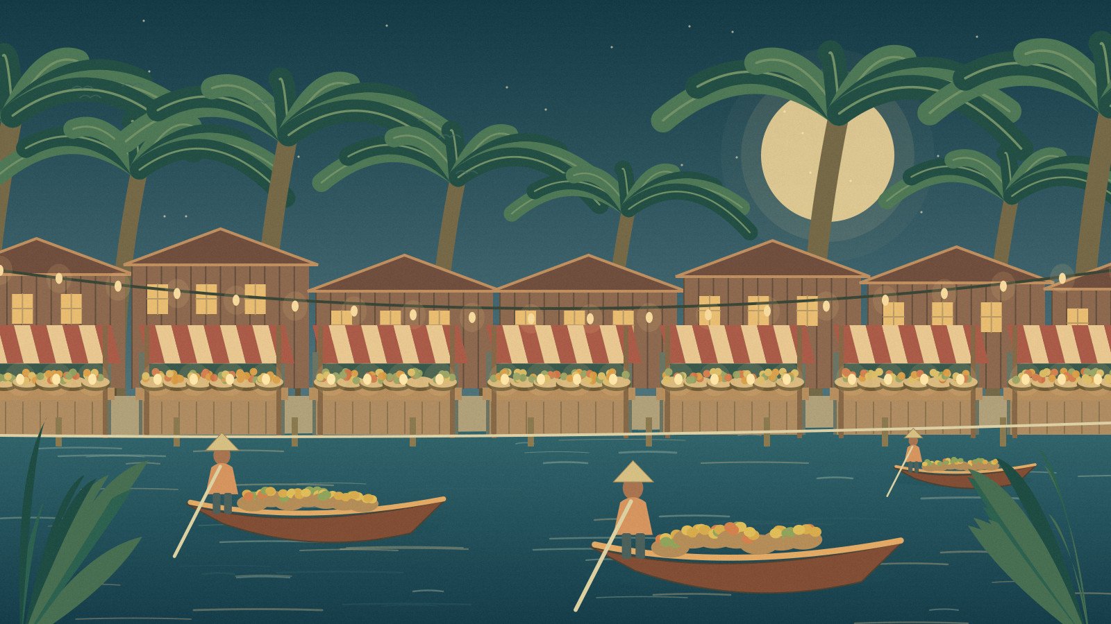 Illustrated evening canal market and waterside lights