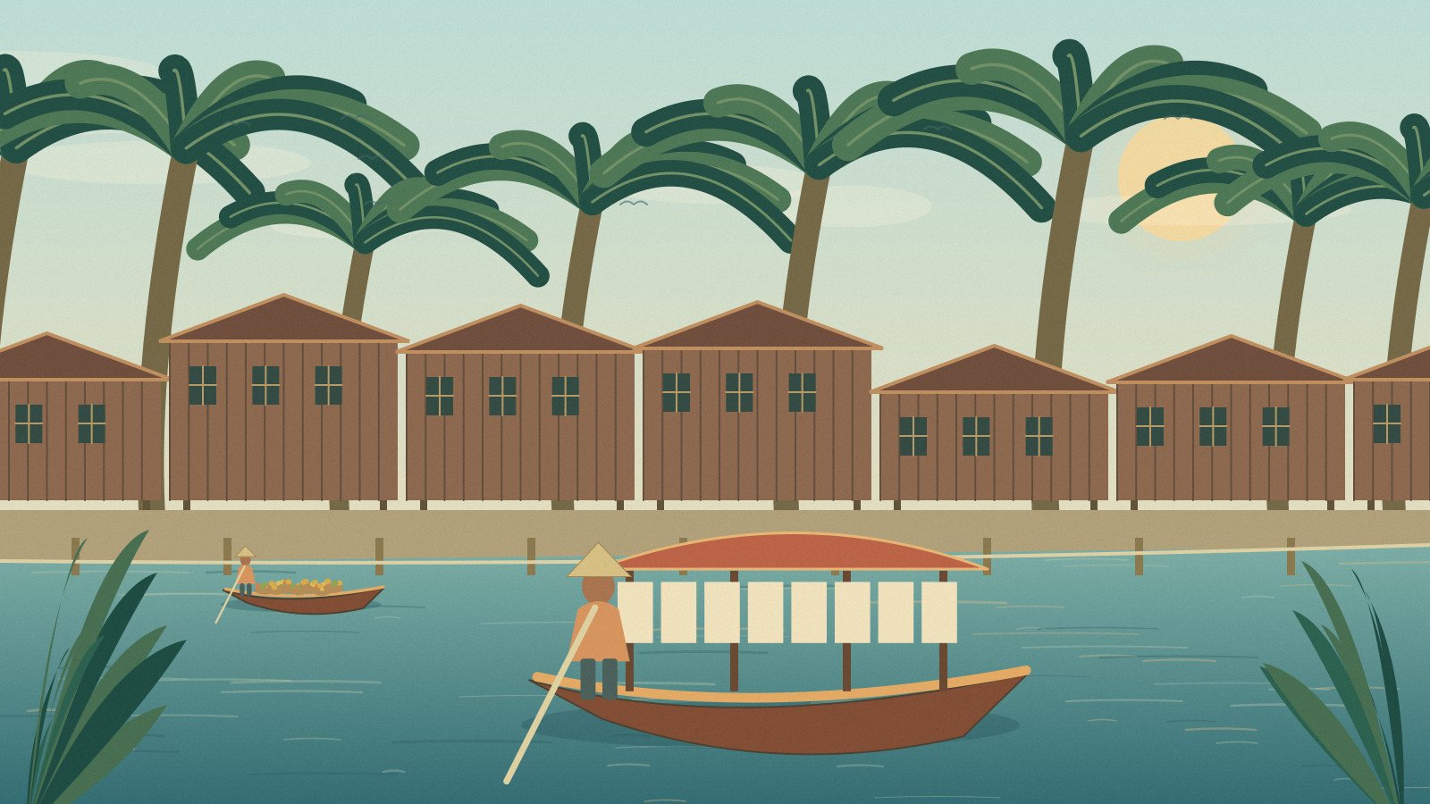 Illustrated covered visitor boat and canal-side houses