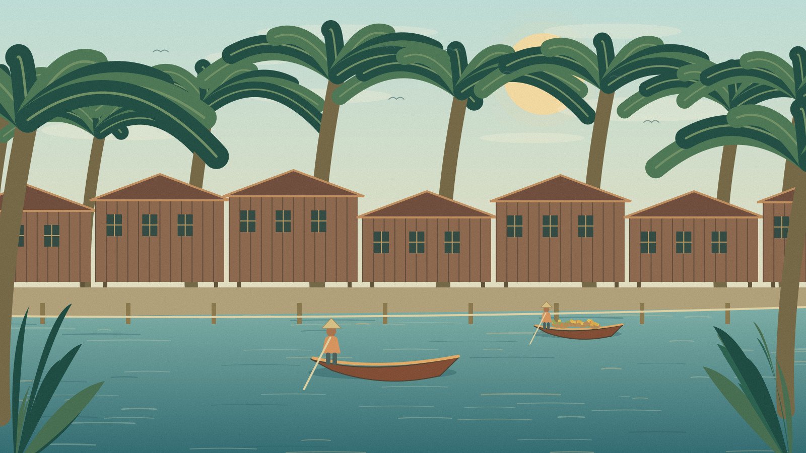 Illustrated quiet canal departure through a palm-lined setting