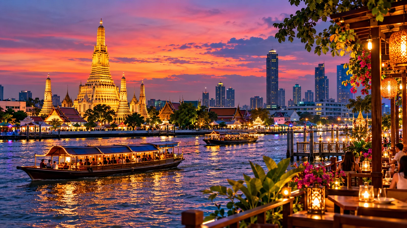 Original Bangkok-inspired illustration of temple spires, boats and the river at sunset.