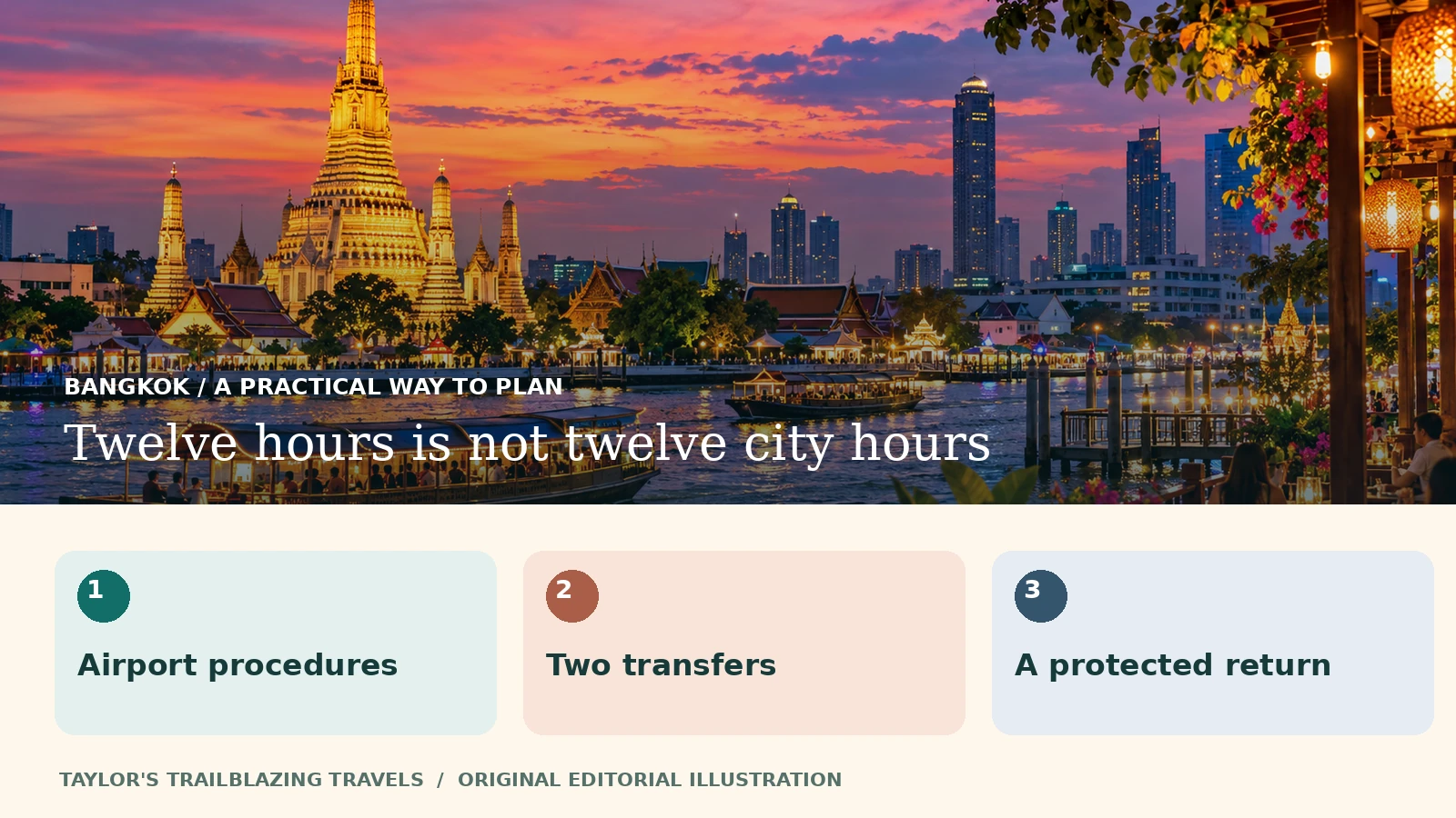 Twelve hours is not twelve city hours: Airport procedures, Two transfers, A protected return. Illustrated planning reminder over a Bangkok riverside scene.