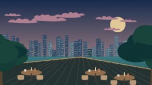 Original illustration of a Bangkok-inspired rooftop terrace and illuminated city skyline at dusk