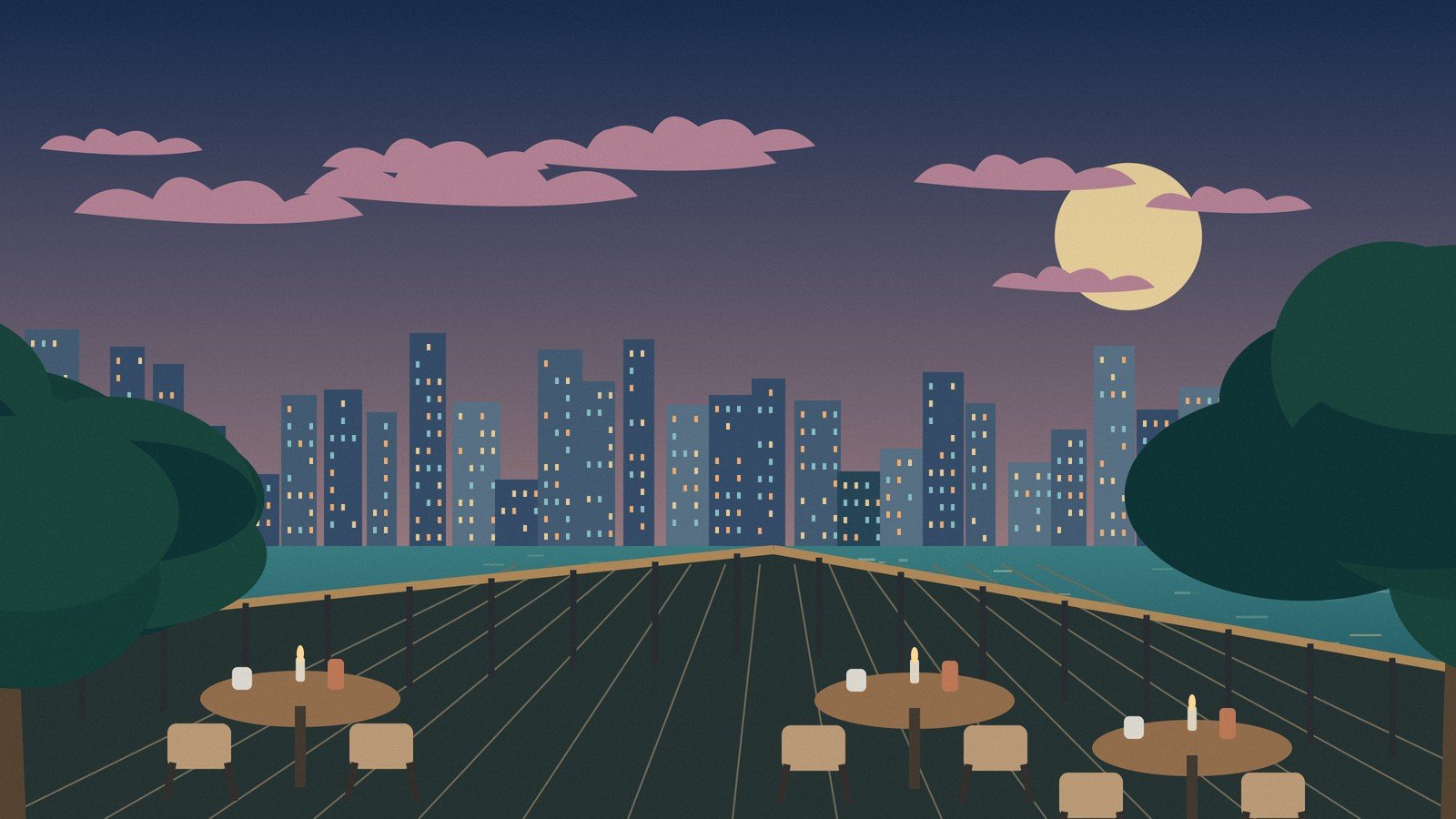 Original illustration of a Bangkok-inspired rooftop terrace and illuminated city skyline at dusk