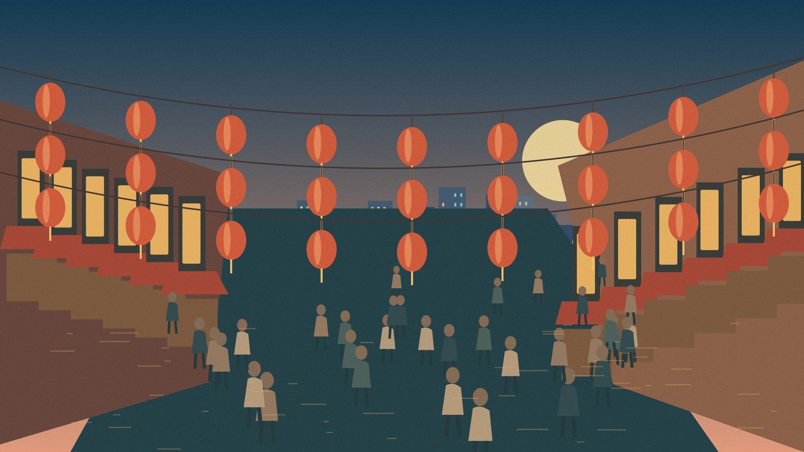 Original illustration of a Bangkok-inspired food street with lanterns and evening visitors