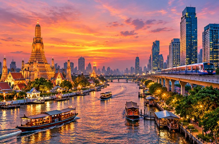 Original conceptual illustration contrasting Bangkok riverside temple architecture with modern city towers