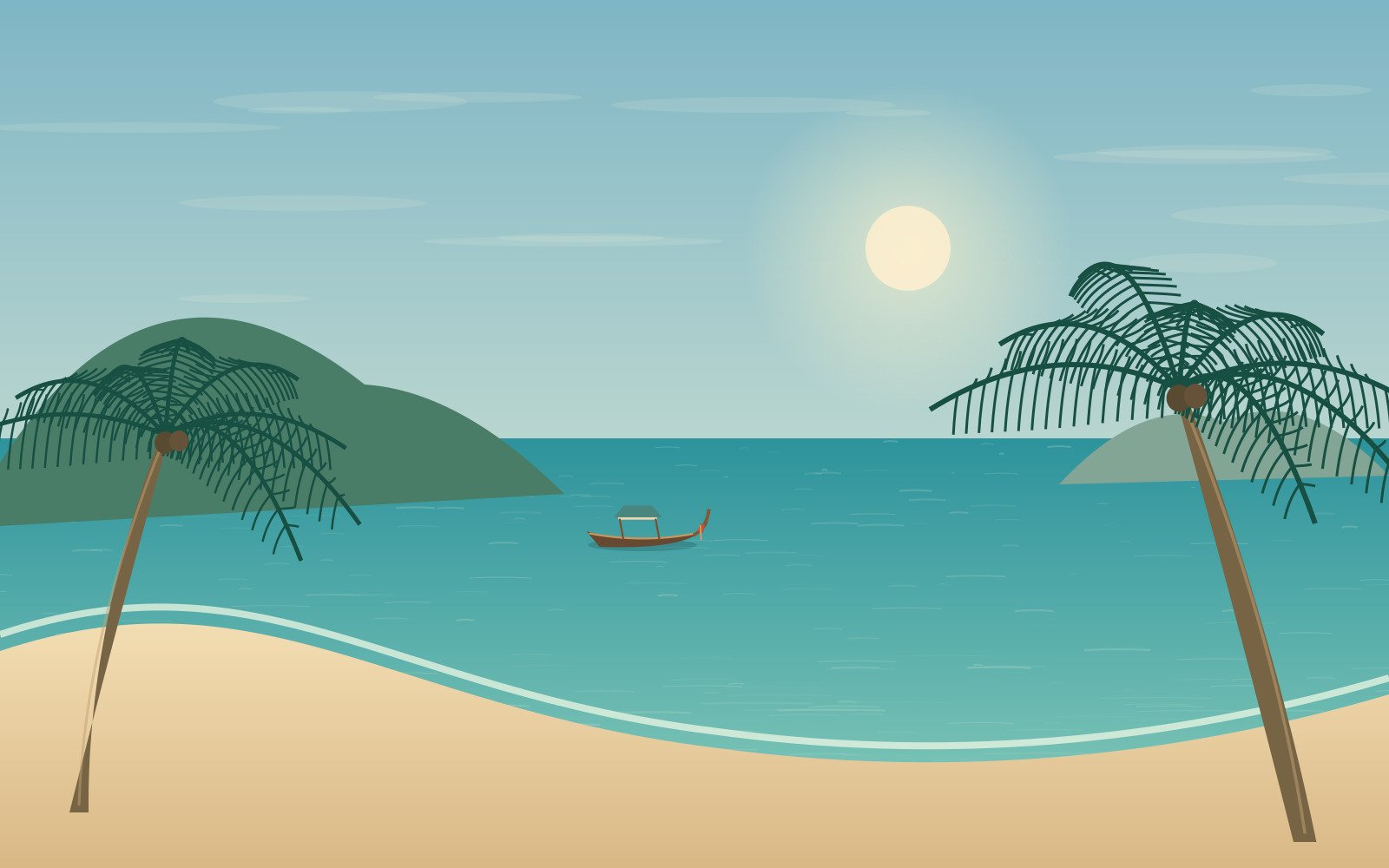 Original Phuket-inspired illustration of a broad sandy bay and wooded coastal headlands