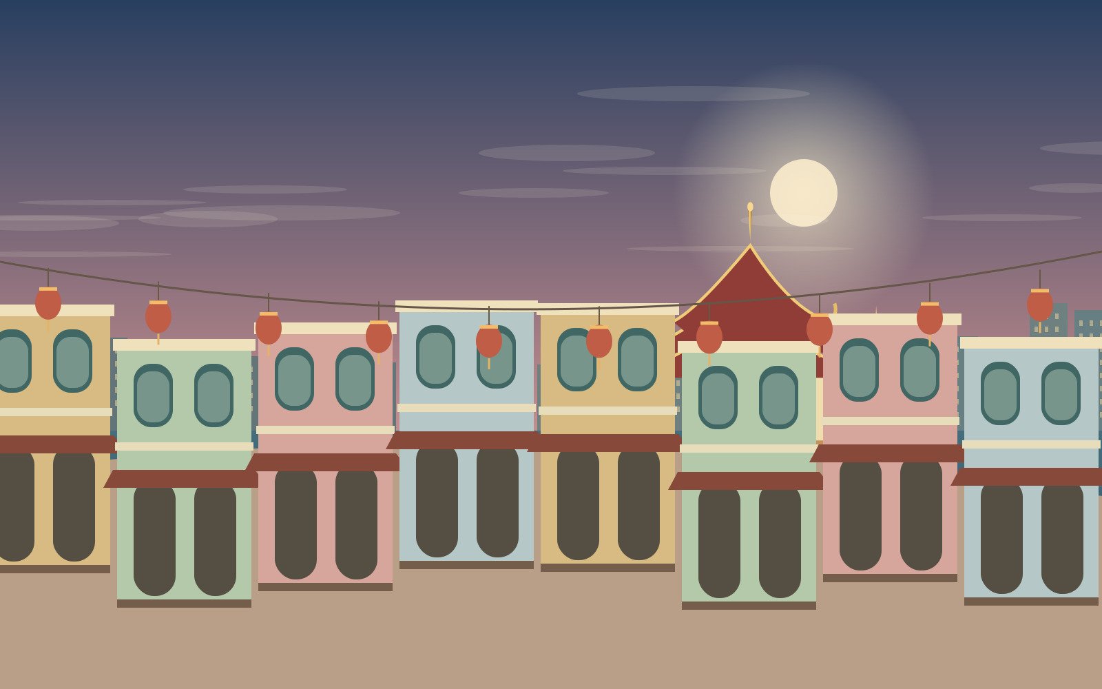 Original illustration inspired by colourful Bangkok shophouses and lantern-lit streets