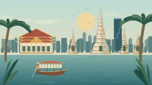 Original illustration of Bangkok temple architecture beside the river