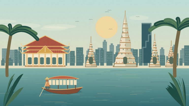 Original illustration of Bangkok temple architecture beside the river