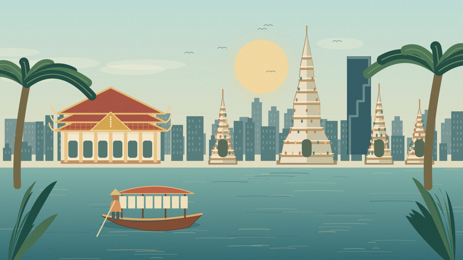 Original illustration of Bangkok temple architecture beside the river