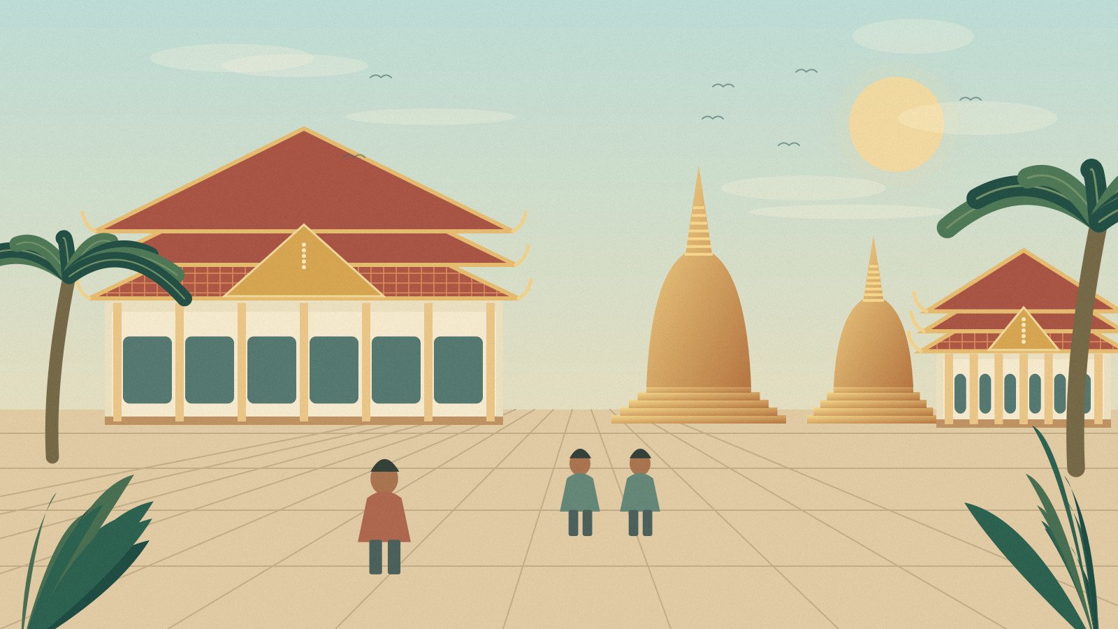Illustrated palace-inspired courtyard and golden temple roofs