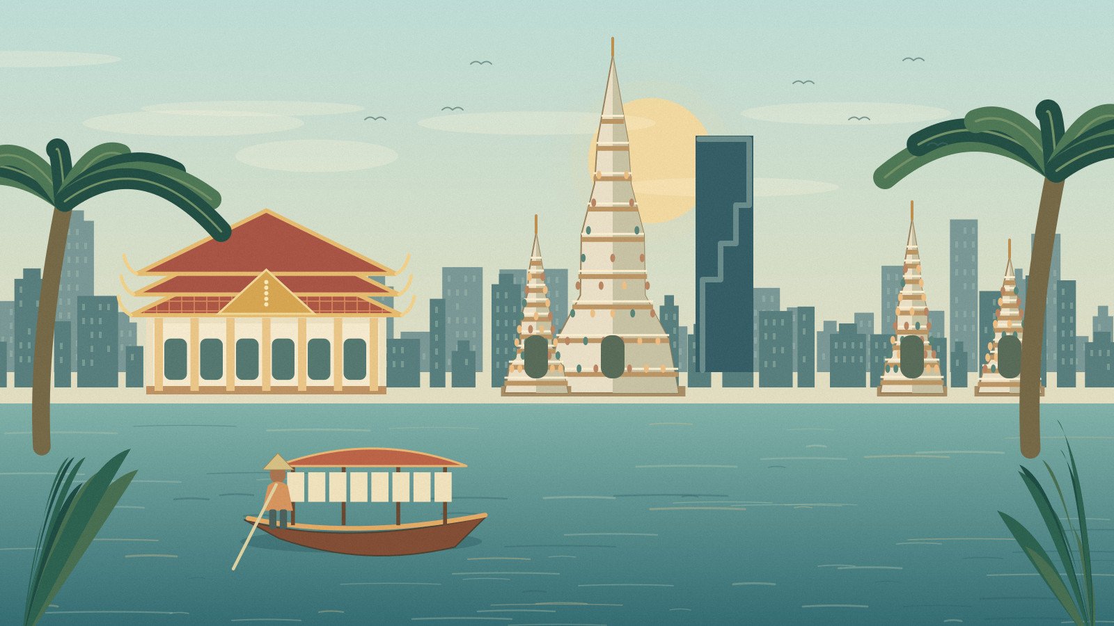 Illustrated Wat Arun-inspired prang beside the Chao Phraya