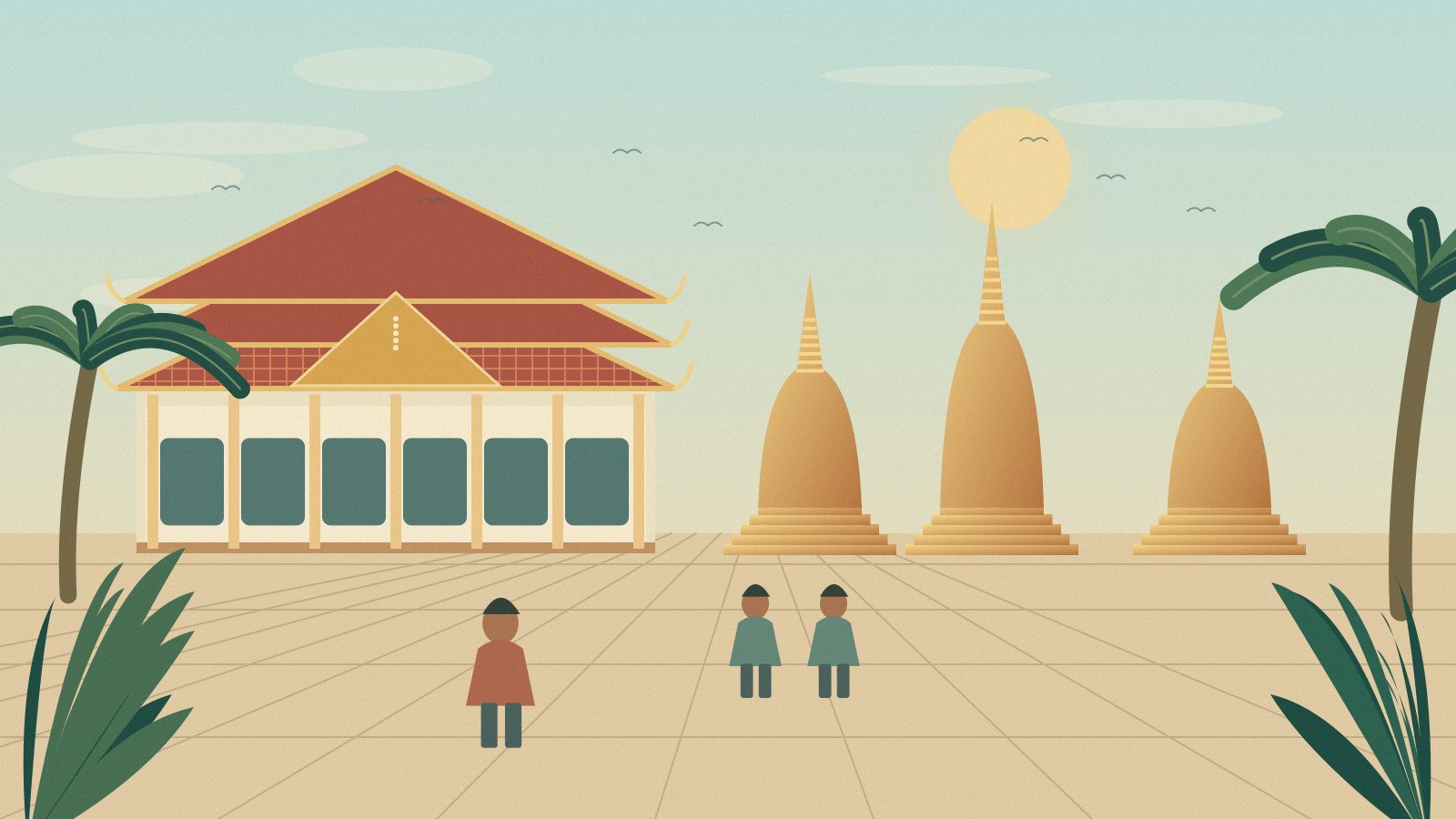 Illustrated temple courtyard with chedis and shaded walkways