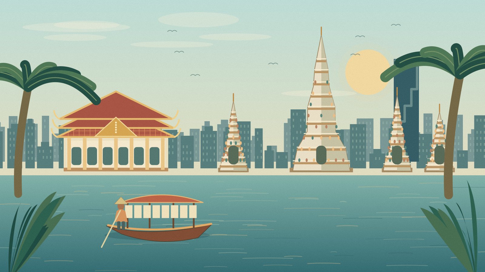 Illustrated Bangkok temple silhouettes and river crossing