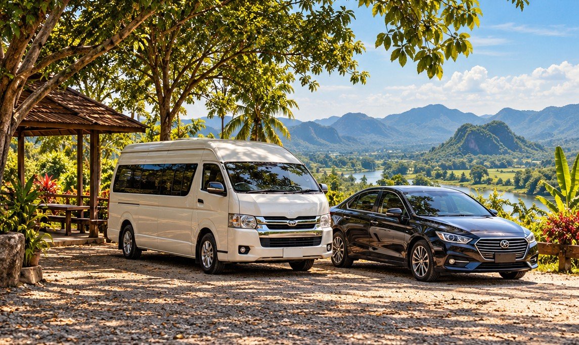 Conceptual illustration of a shared minibus and a private car in western Thailand
