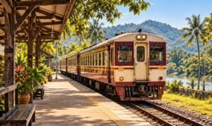 Conceptual illustration of a Thai local train at a rural platform