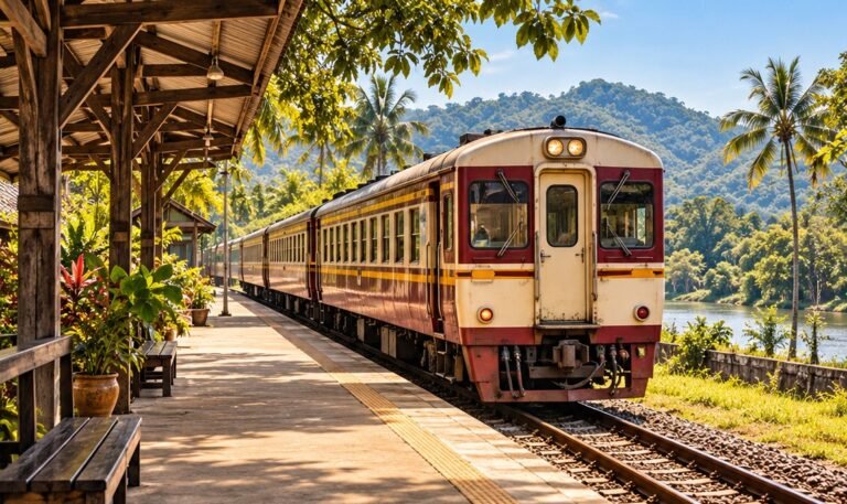 Conceptual illustration of a Thai local train at a rural platform
