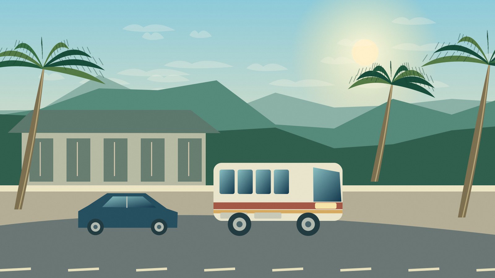 Original stylised scene of a mainland transport terminal with a van and private car