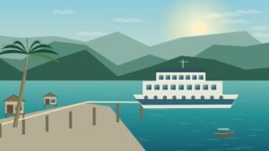 Original stylised illustration of a passenger ferry at an eastern Thailand island pier
