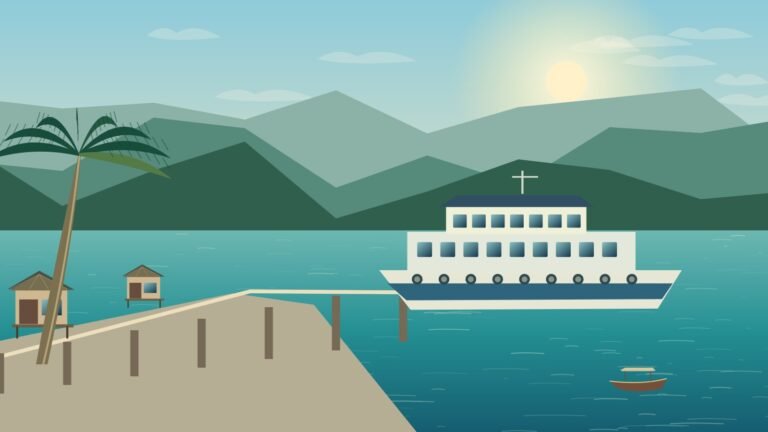 Original stylised illustration of a passenger ferry at an eastern Thailand island pier