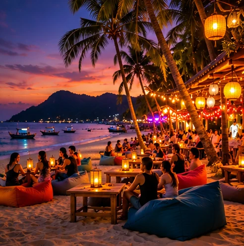 Illustration of a palm-fringed island beach and warmly lit dining area at sunset