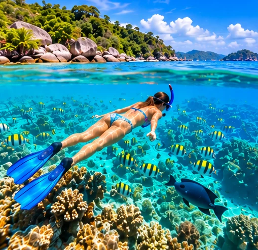 Illustration of a snorkeller above a tropical reef with fish